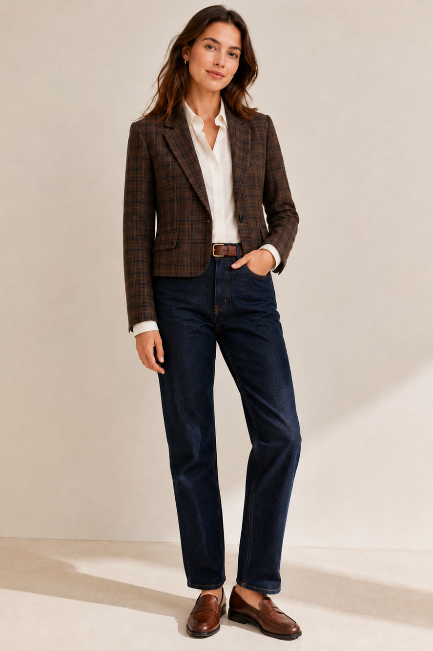 Women's Plaid Blazer Size L Brown Check Dark Academia